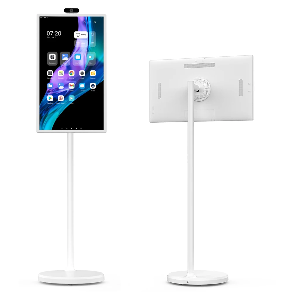 32" portable smart tv stand on wheel, battery operated tv, Android13, wifi6, 4K camera, Remote, Incell LCD with 10 points touch