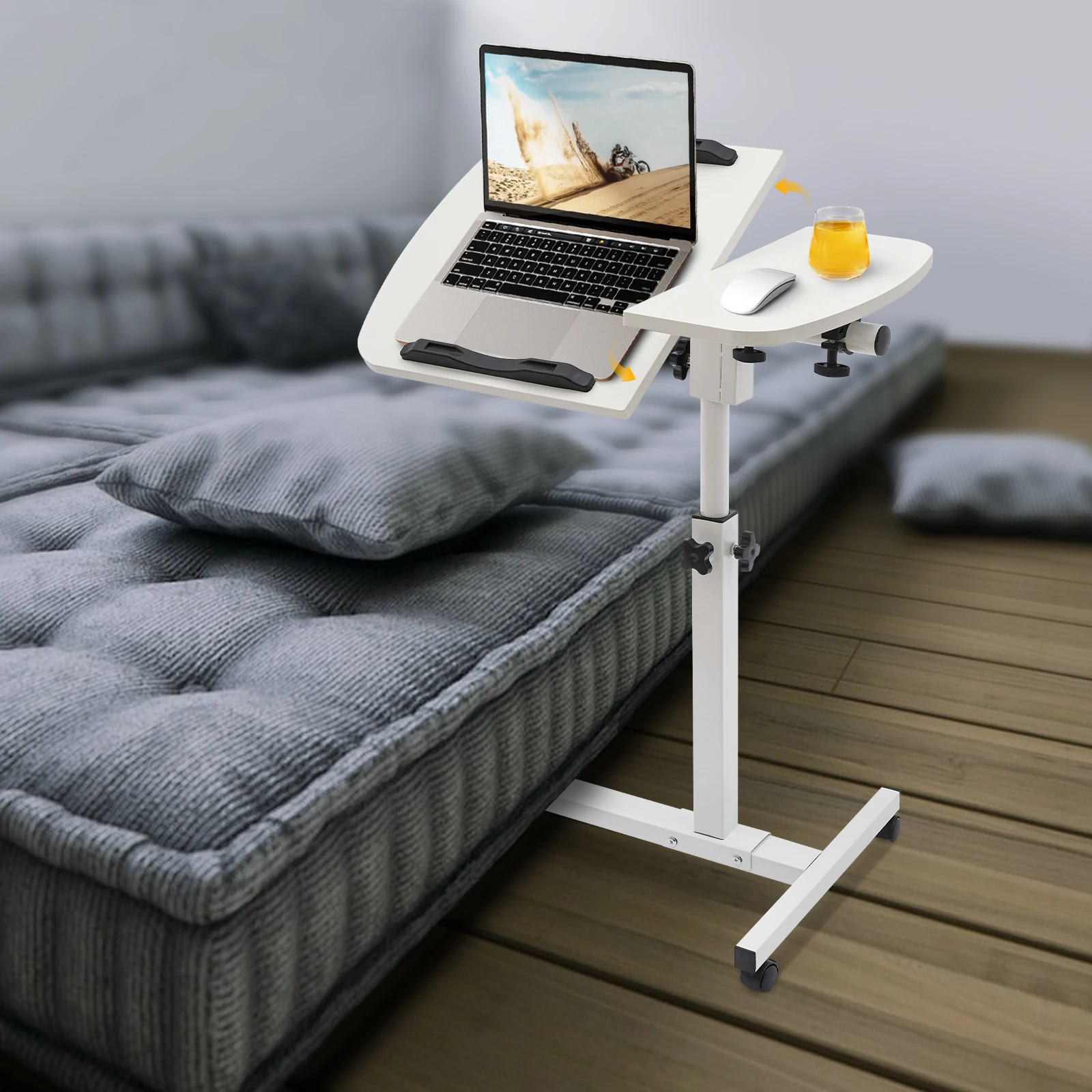 360° Adjustable Laptop Desk Stand Tilting Overbed Table with Wheels Mobile Laptop Table Foldable Rolling Bedside Desk 60*40cm