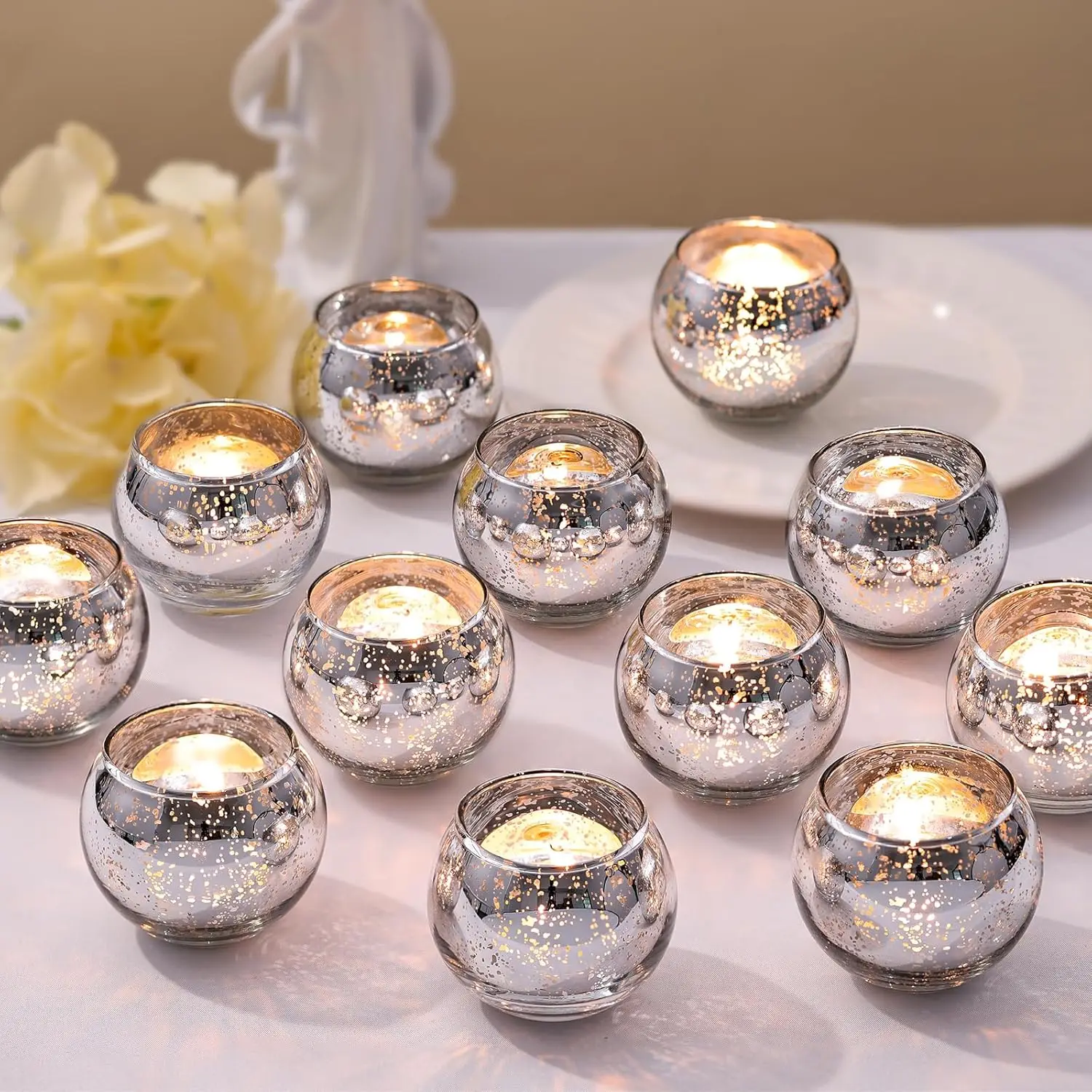 36pcs Silver Mercury Glass Tea Light Candle Holders for Weddings, Holidays, and Home Decor