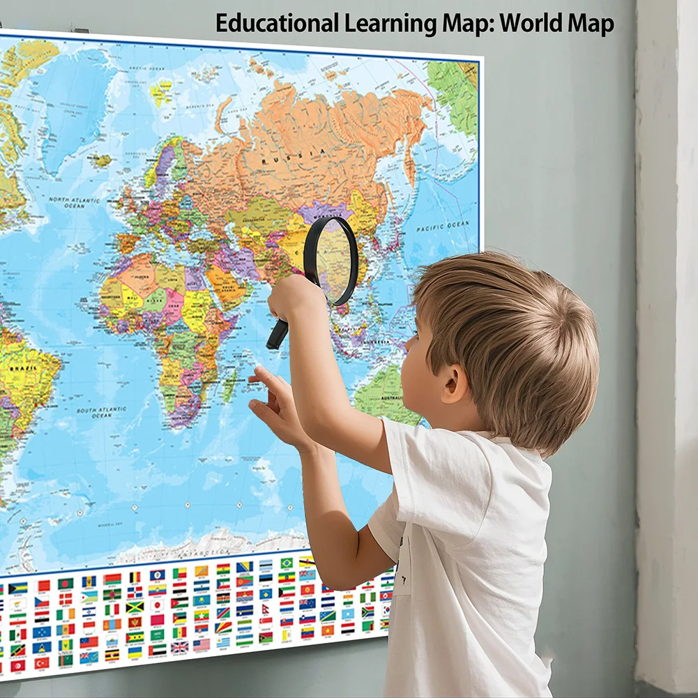 36x24in Decorative World Map with Flags Detailed Poster Painting Wall Art Travel Gifts Canvas Print for Home Office Classroom