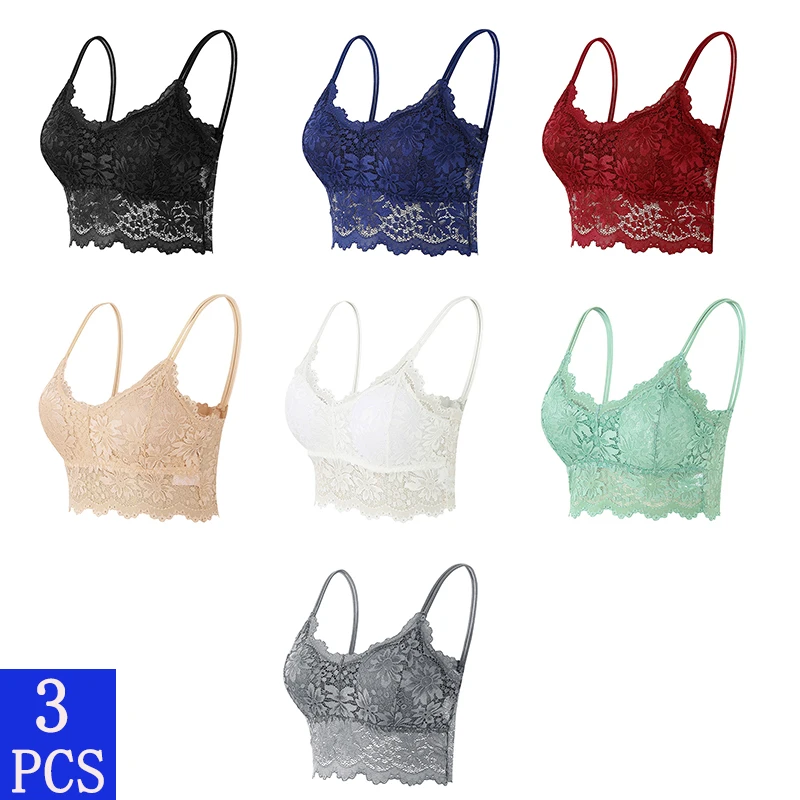 3PCS Women's Lace Bras Top Comfortable Bralette Solid Color Sexy Underwear Vest Female Hollow Out Wireless Lingerie Seamless Bra