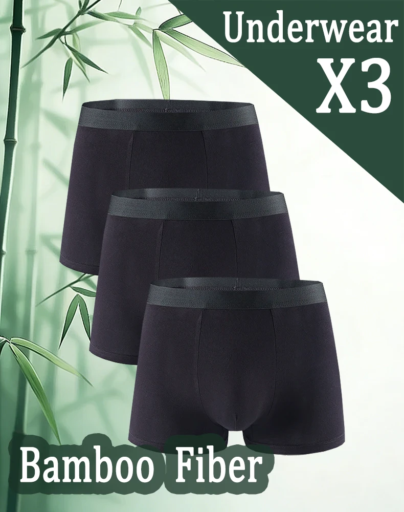 3Pieces Men's Bamboo Fiber Black Boxer Shorts Thin, Quick Drying Soft and Comfortable Men's Underwear Daily Casual Boxer Briefs