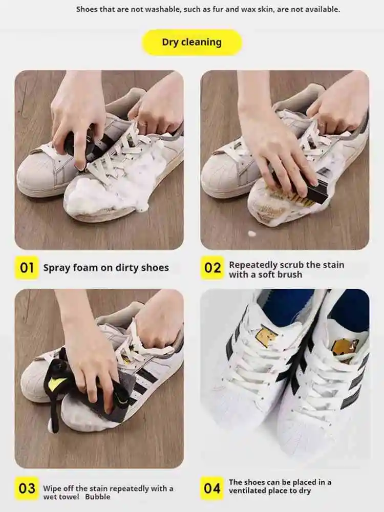 3in1 Shoe Cleaner Premium Water-Free Foam Sneaker Brush Towel Set Footwear Work on White Suede Boot 150ML Dry Cleaning Kit