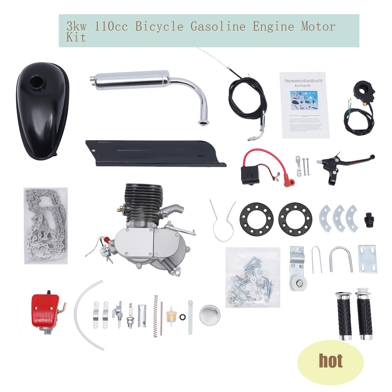 3kw 110cc Bicycle Gasoline Engine Motor Kit Motorized Bike Kit for most 26-inch or 28-inch bicycles with V-shaped frames