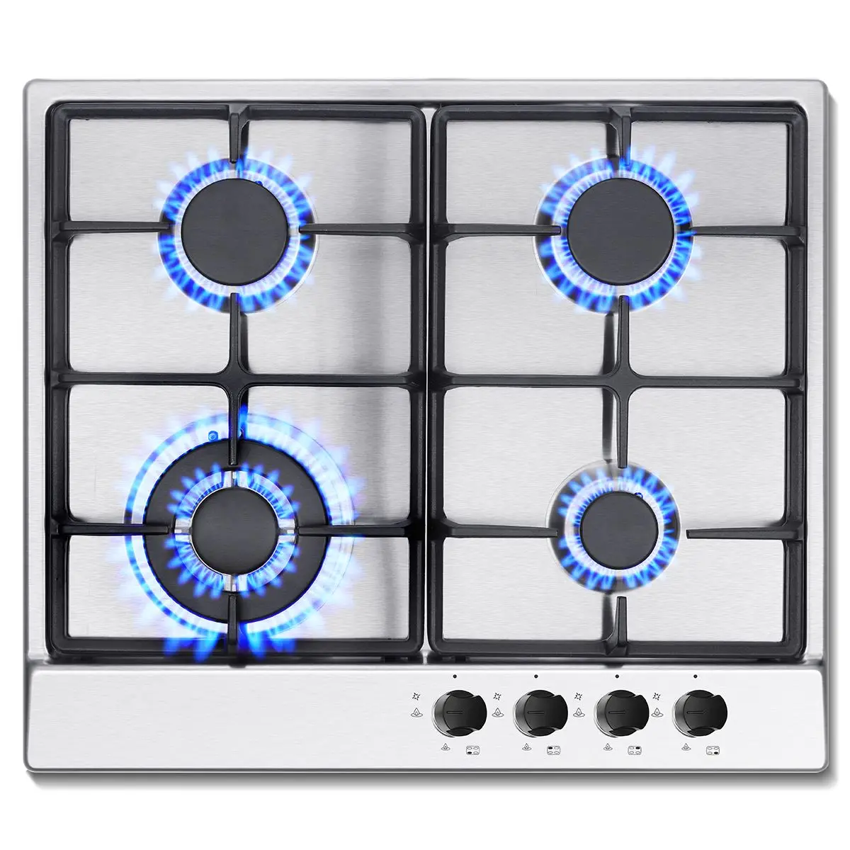 4 Burner Pro Gas Cooker NG/LPG Convertible 8060W Stainless Steel Built-in Hob with Flame Failure Safety Cast Iron Grates