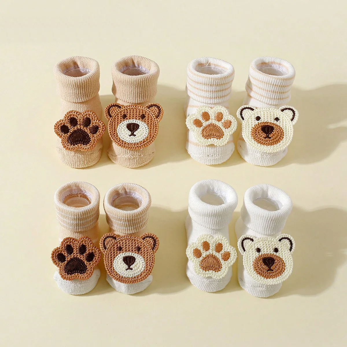 4 Pairs Baby Cute Cartoon Bear Socks, Baby Non-Slip Soft Cotton Socks Ankle Socks for 0-12 Month Newborn Toddler Boys and Girls