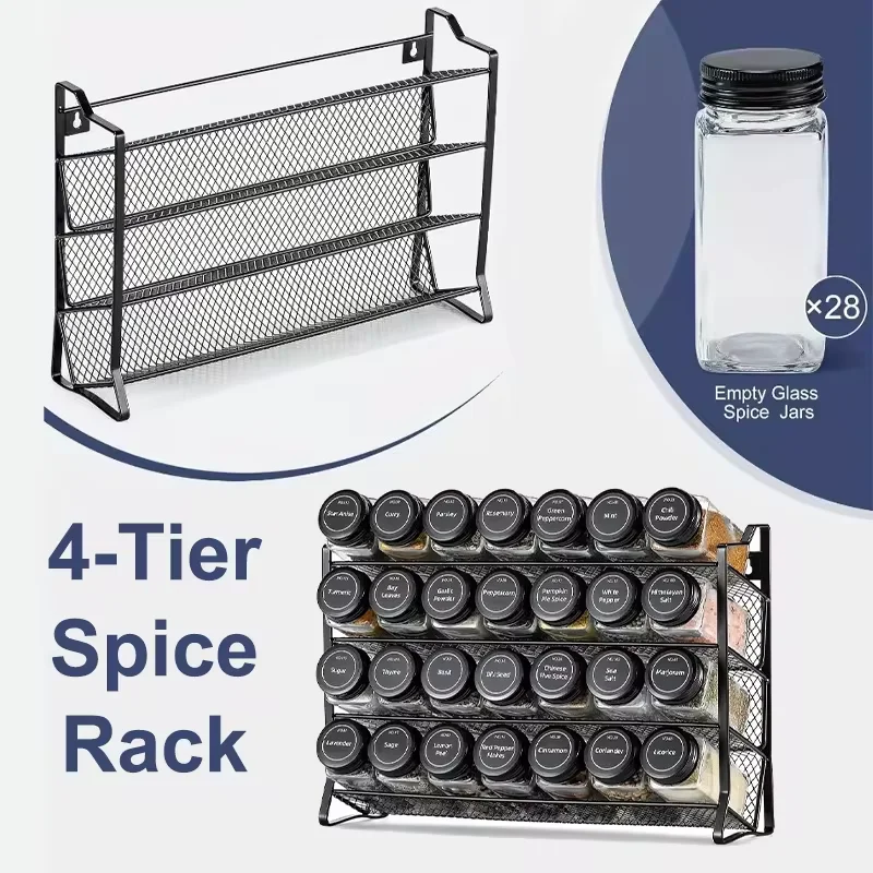 4 Tier Cupboard Storage Shelf Carbon Steel Spice Seasoning Jar Organizer Wall Mount Kitchen Spice Rack Non-Slip Pantry Organizer