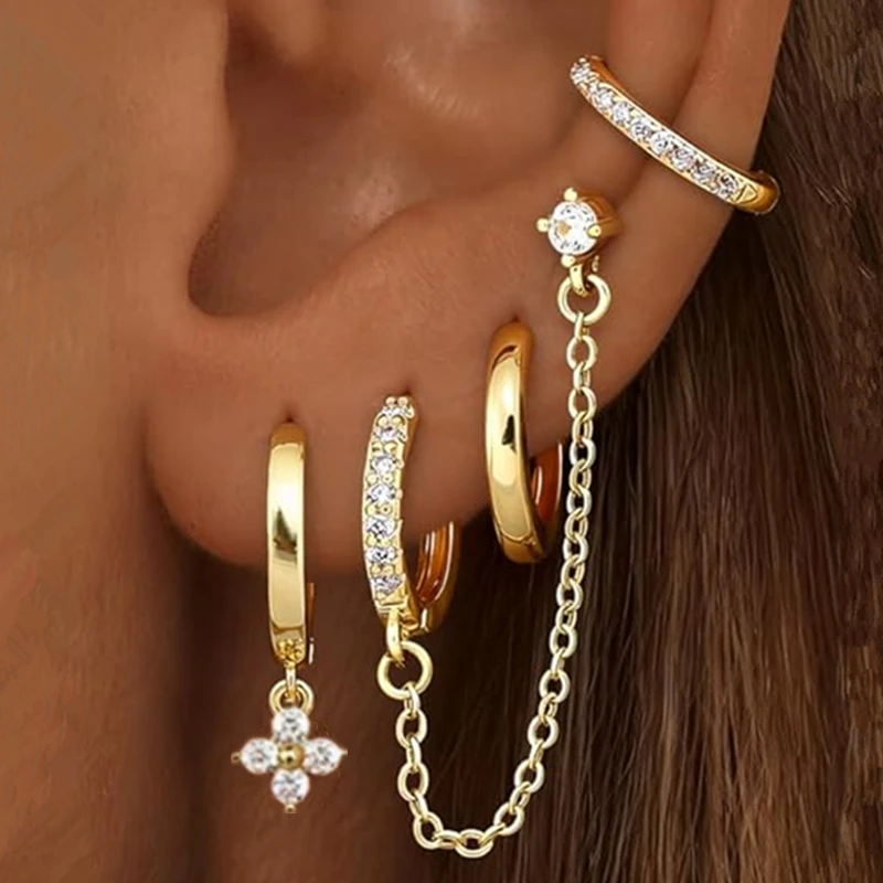 4PC Chain Huggie Earring Set For Women Fashion Flower Tragus Hoop Earrings Bulk Cartilage Piercing Helix Jewelry Lobe Earing Lot