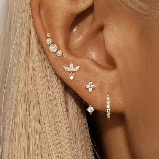 4PCS Zircon Heart Moon Flower Small Hoop Earrings Set For Women Stainless Steel Huggies Pendant Piercing Earrings Jewelry Aretes