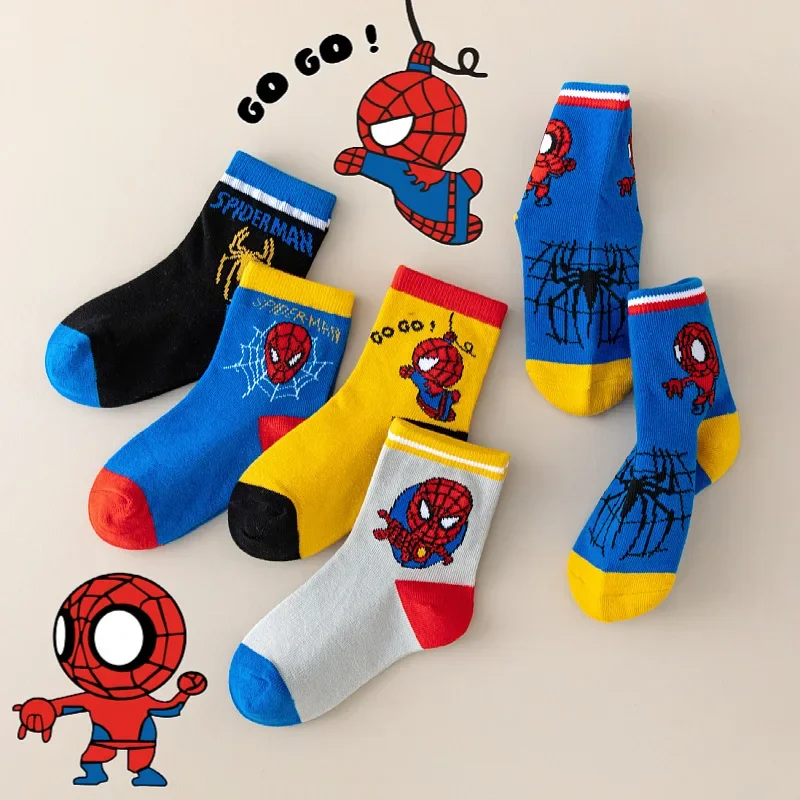 5 Pairs MARVEL Spiderman Children's Socks Kawaii Soft Anime Socks Kids Boys Socks MiddleTube Cartoon Baby Socks 1-12 Y