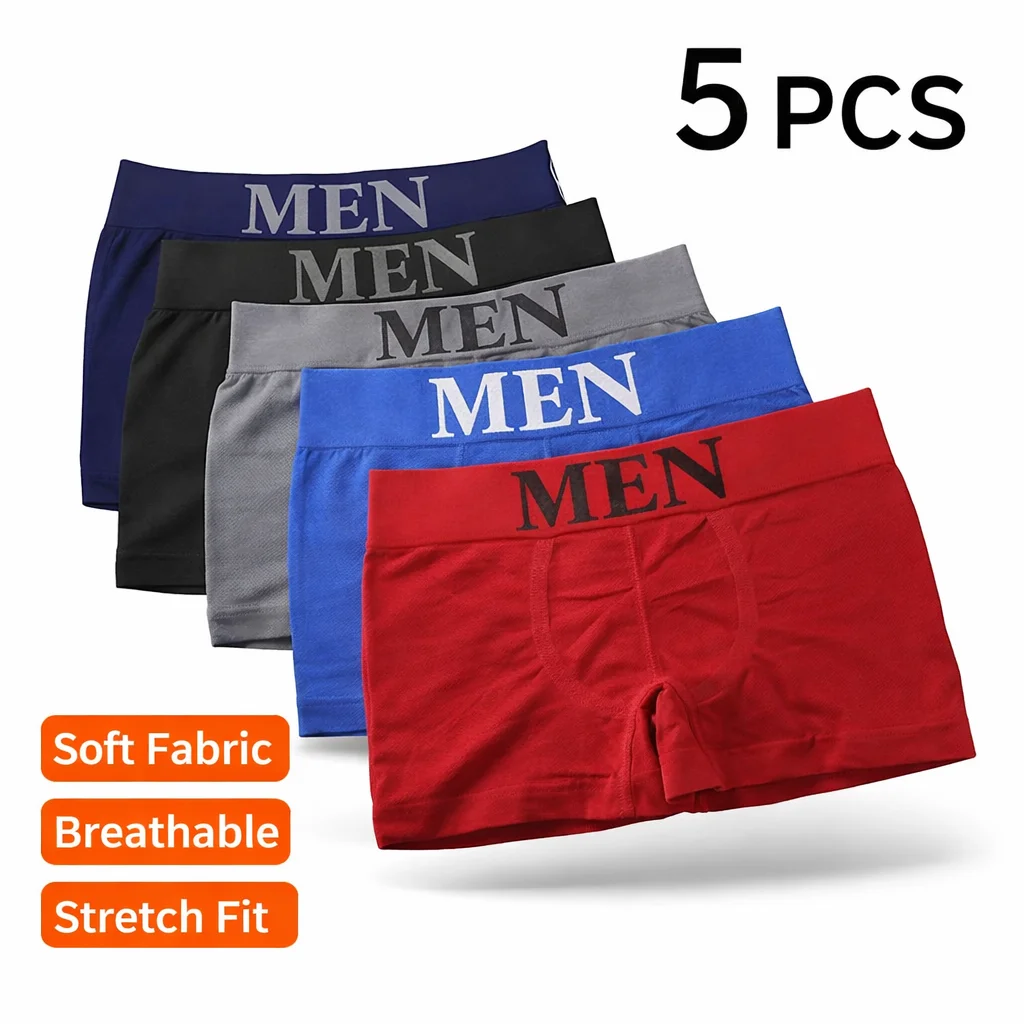 5 Pcs Men’s Boxer Briefs Breathable Soft Stretch Underwear High Elastic Comfortable Plain Color Shorts
