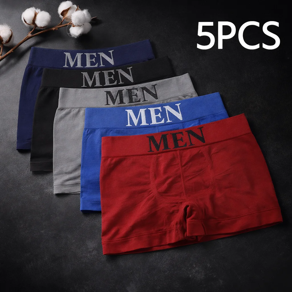 5 Pcs Men’s Boxer Briefs High Elastic Breathable Underwear Soft Cotton Stretch Shorts Comfortable Plain Color Panties