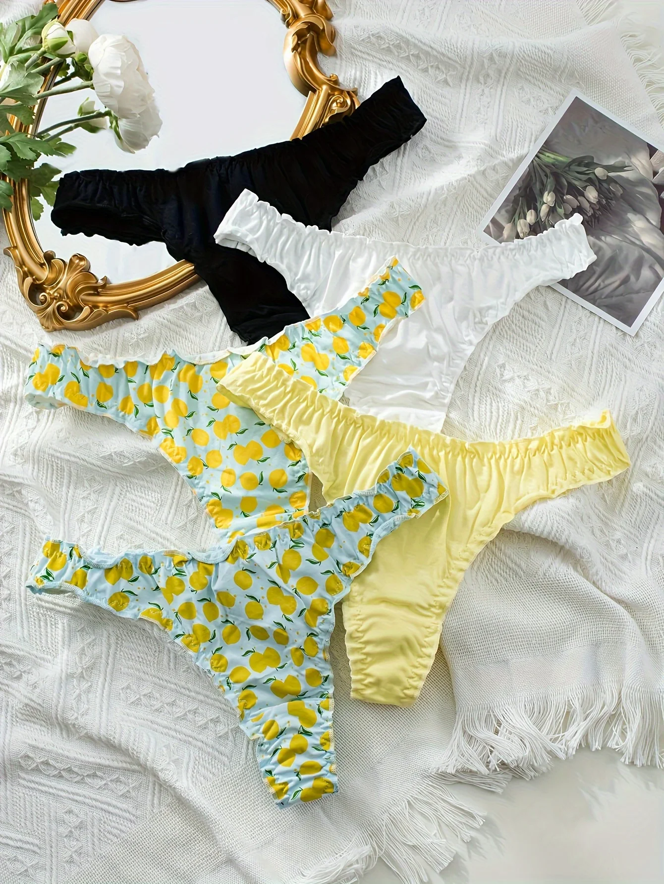 5-piece mixed fruit pattern pure cotton ruffled women's thong, wrinkled comfortable women's underwear