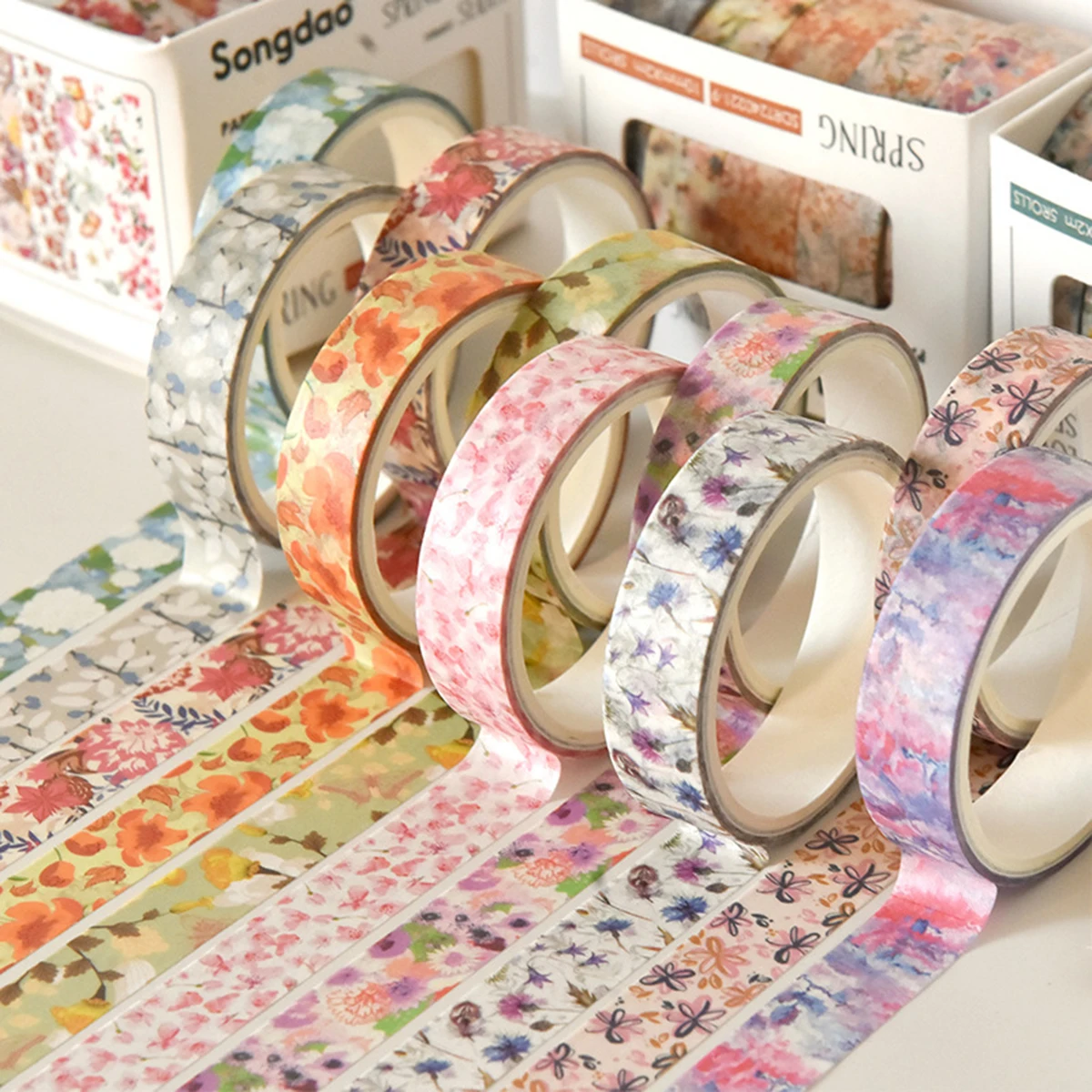 5 rolls of boxed romantic flower handbook tape, cute DIY fresh decorative washi tape for students, a must-have gift for students