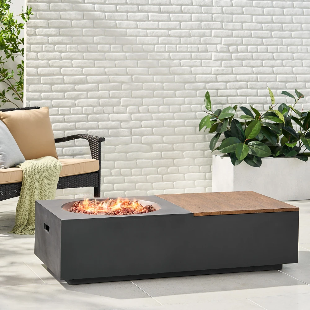 50000 BTU Rectangular Lightweight Concrete Fire Table with Storage Space Outdoor Fire Pit Heater Dark Gray Natural Brown