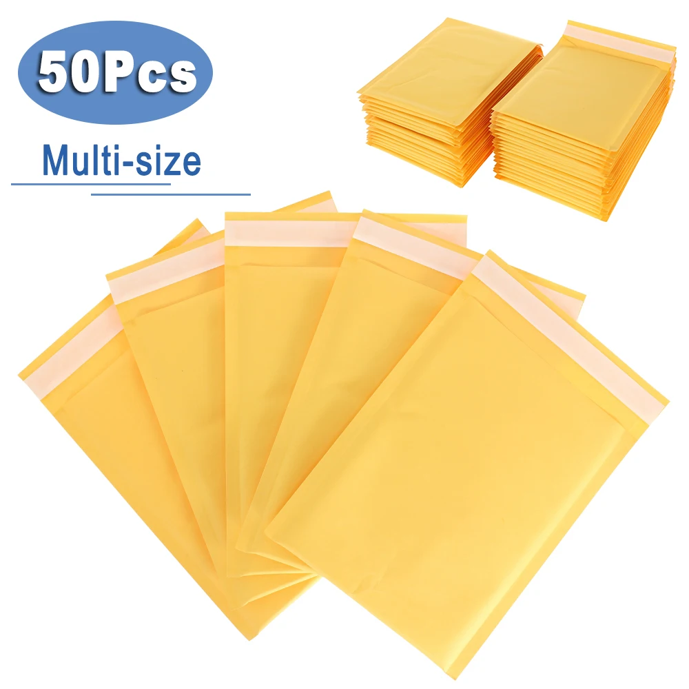 50PCS Kraft Paper Bubble Envelopes Bags Bubble Mailers Yellow Self-Sealing Express Shipping Packaging Bag Multi Size Waterproof