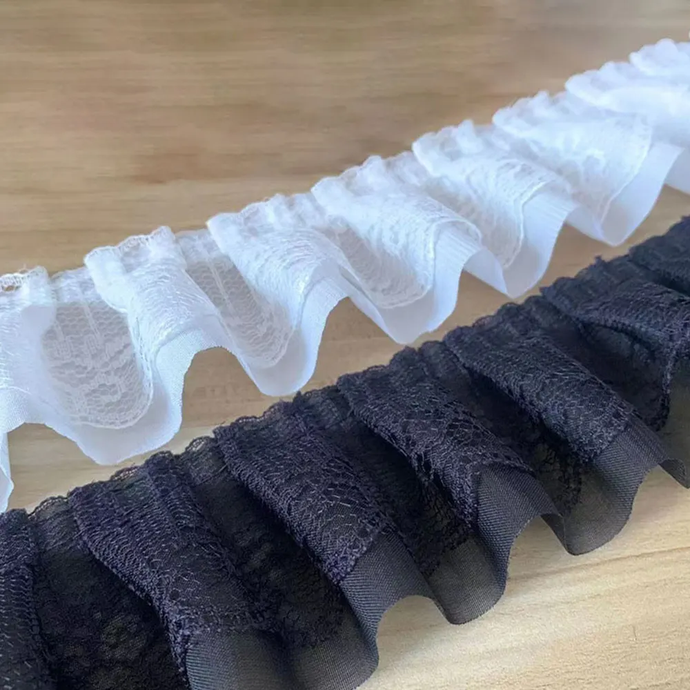 5cm Wide 100cm Long Black White 3D Pleated Chiffon Lace Ruffle Embroidery Double Laminated Wrinkle Trim Applique Fabric Ribbon