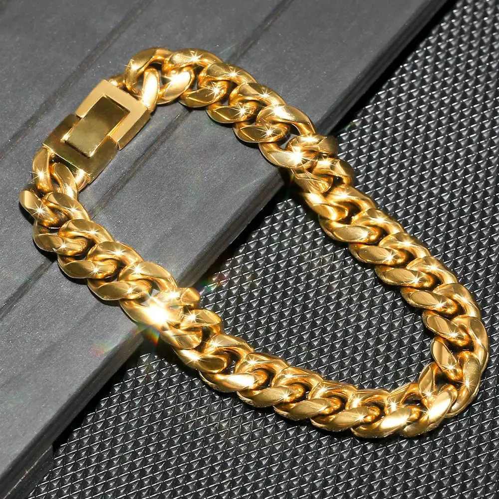6-16mm Gold Color 316L Stainless Steel Curb Cuban Link Chain Bracelet Bangle Jewelry 7-9inch for Men Women