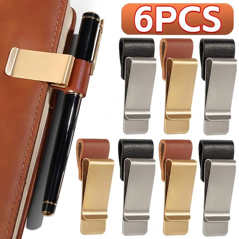 6-1PCS Stainless Steel Leather Pen Holder Pencil Clamps Notebook Bookmark Practical Organizer Clip Pen Holder Office Stationary