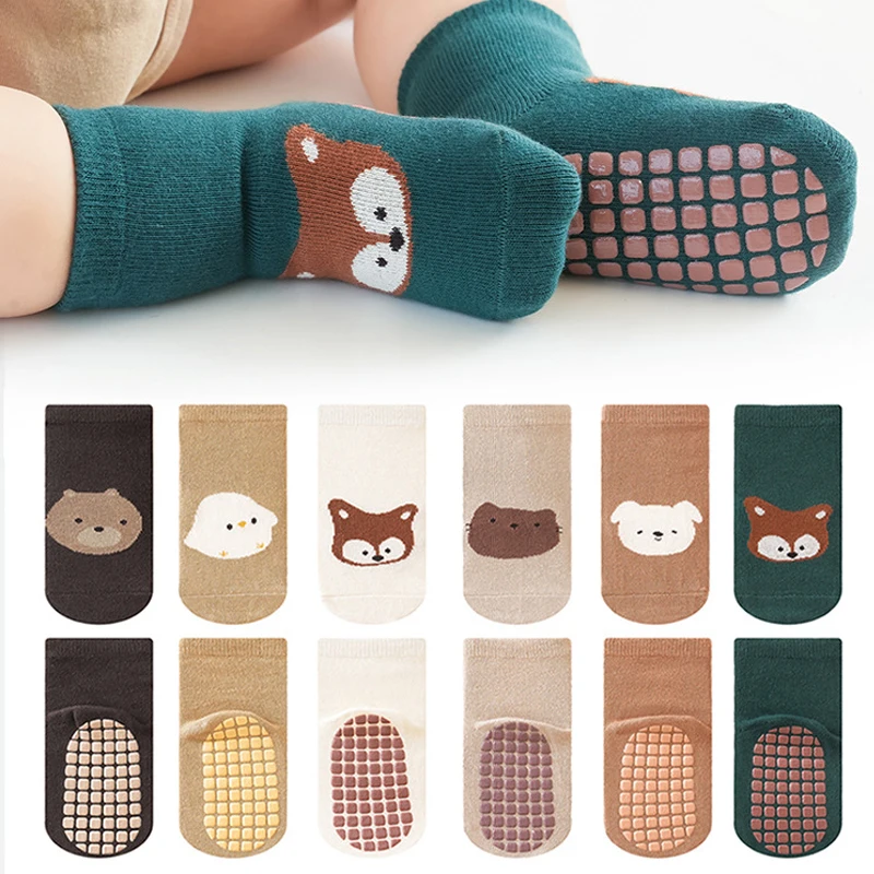 6 pairs cartoon animal baby glue-on socks,kid's anti-slip trampoline socks, suitable for babies when they are learning to walk