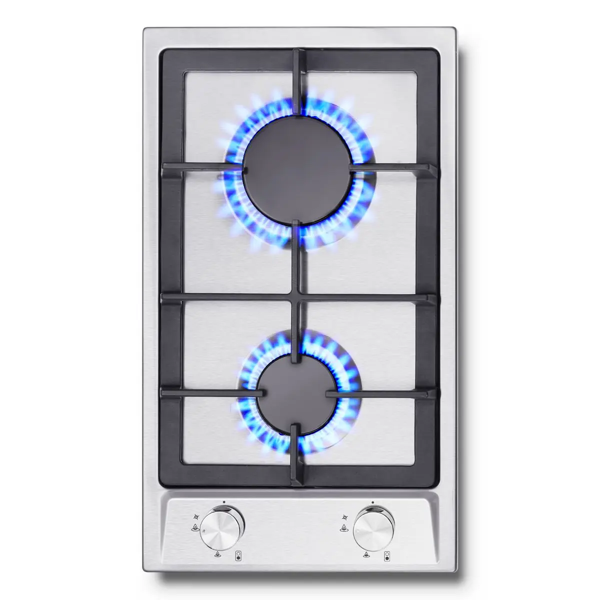 60cm Gas Hob 2 Burner Dual Fuel NG/LPG & Flame Failure Protection | Built-in Stainless Steel with Cast Iron Grates 2400W/1800W