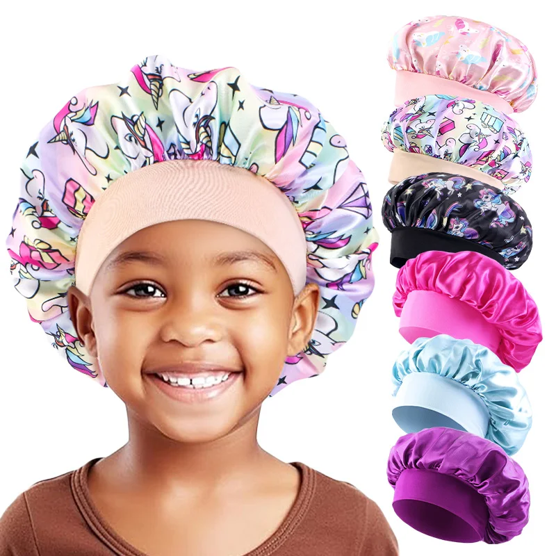 6PCS/LOT Children Bonnet Cute Wide Band Elastic Cartoon Printing Sleep Fashion Nightcap Hair Care Kids Boys Girls Sleeping Cap