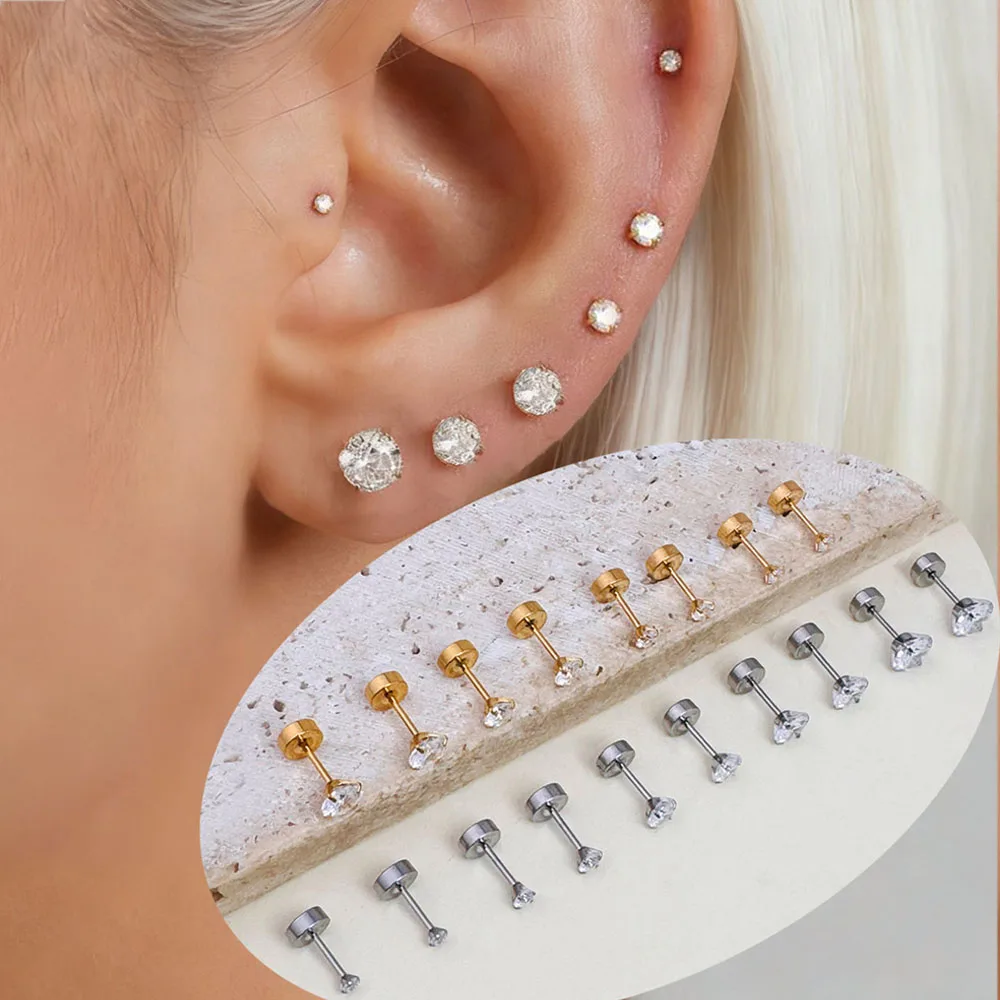 6Pairs Stainless Steel Flat Back Screw Studs Earrings For Women Men 4 Prong Tragus Small Round Clear Cubic Zirconia Ear Jewelry