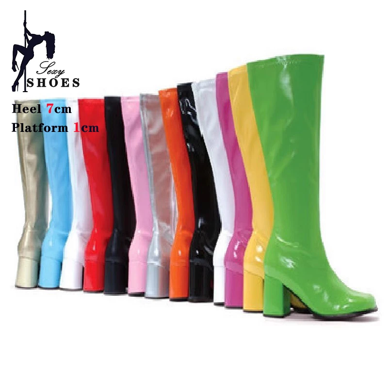 7cm High Heeled Gogo Boots 60s 70s Square Heel Knee-High Party Boots Sexy Retro Zip Women Cross Dressing Shoes Big Size 44 45 4