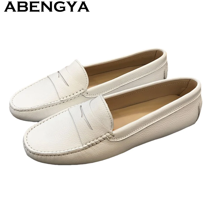 ABENGYA Summer Hot Sale Real Leather Loafers Flat Shoes Women Western English Style Casual Shoes Simple Fashion Walk Shoes Woman
