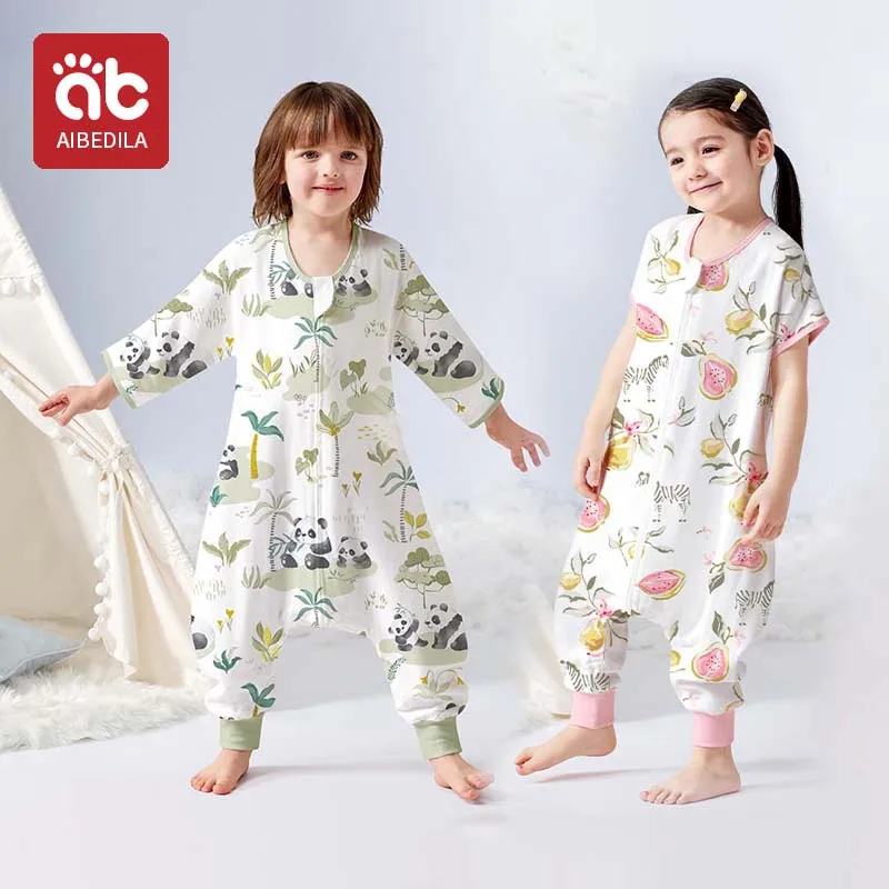 AIBEDILA Child Sleeping Bag For Children 0-7Years Kids Jumpsuit Summer Baby Sleepsack Breathable Bamboo Cotton Fresh Grass Print