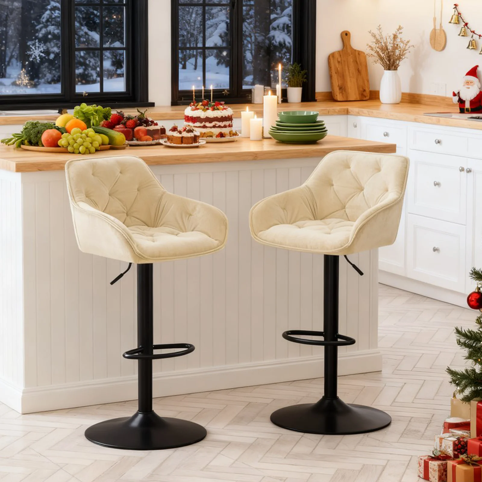AINPECCA Bar Stools Set of 2 Modern Height Adjustable Swivel Breakfast Bar Stools with Velvet Cushion Arms Backs Barstools