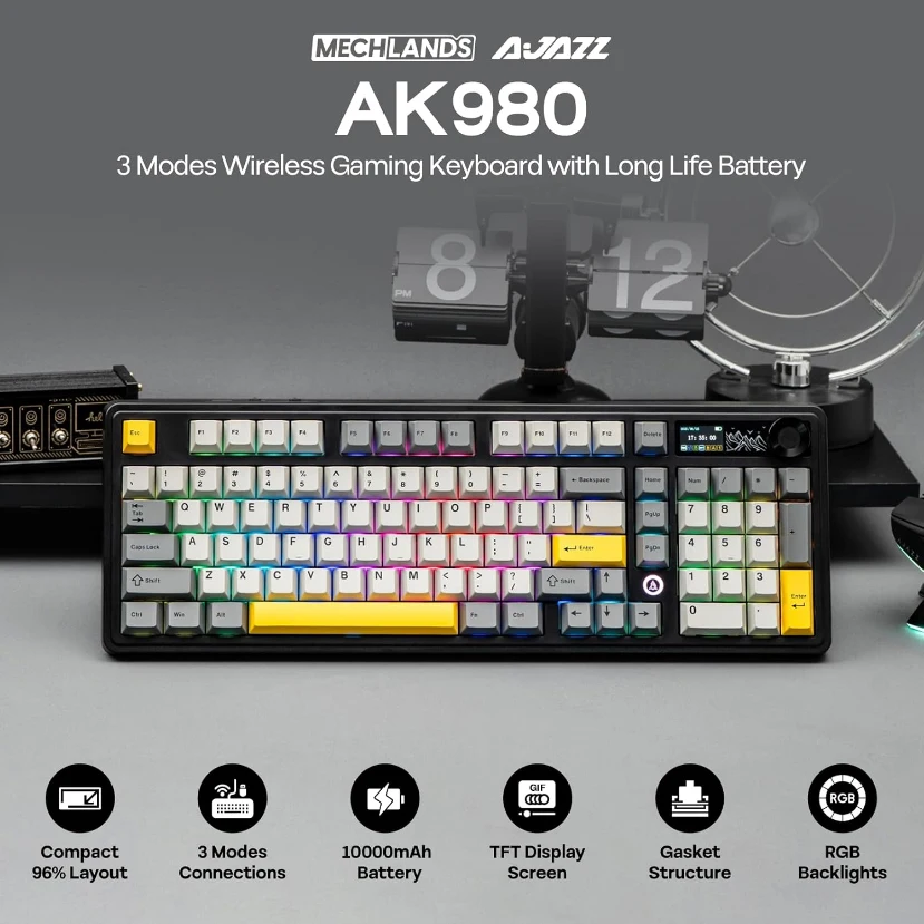 AJAZZ AK980 Wireless Mechanical Gaming Keyboard,Tri-Mode BT5.0/2.4GHz/USB-C Hot Swappable Custom Keyboard RGB Backlit