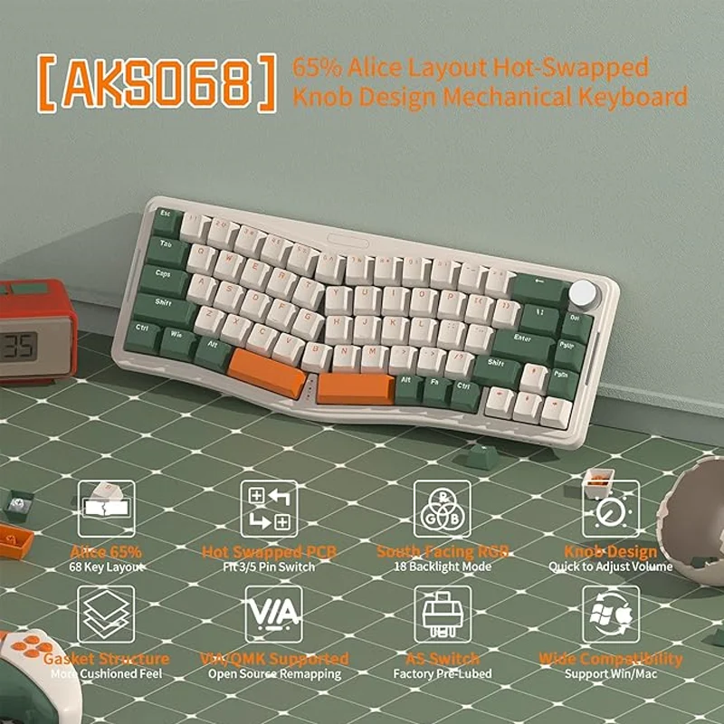 AKS068 Alice Layout Wired Mechanical Keyboard, Gasket Mount 68 Keys Ergonomic 60% Gaming Keyboard USB-C, Hot-S