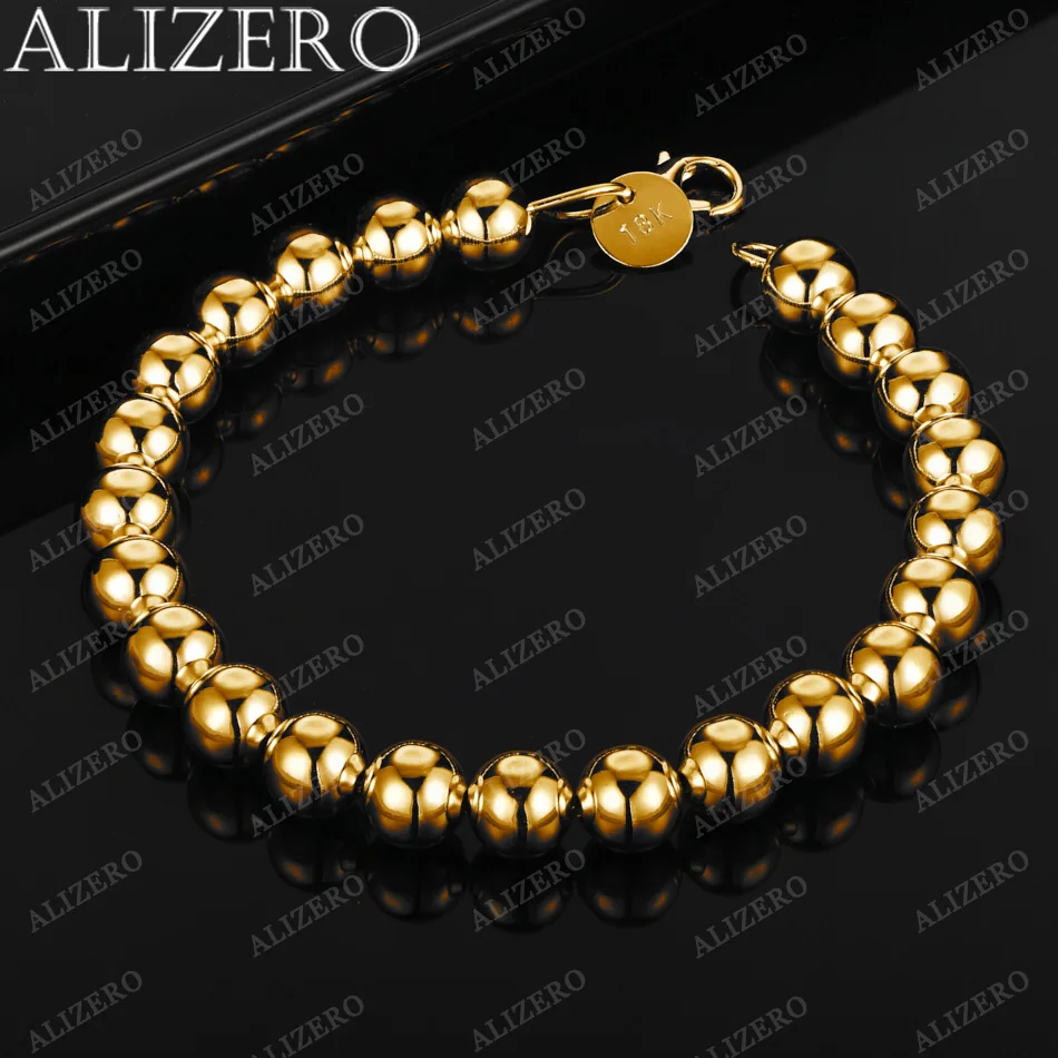 ALIZERO 18K Gold Bracelet 4/6/8/10/14MM Smooth Beads Ball Chain Bracelets For Woman Men Fashion Wedding Party Gift Fine Jewelry