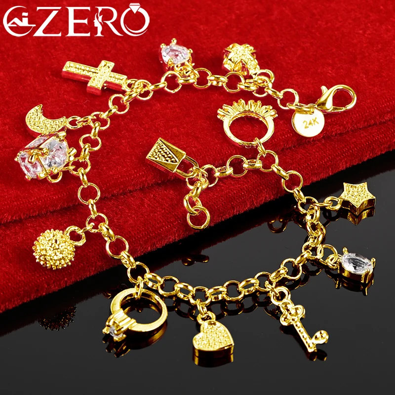 ALIZERO 18K Gold Moon Star Cross Heart Zircon Charm Bracelet For Women Wedding Party Sweet Accessories Fashion Jewelry Gift
