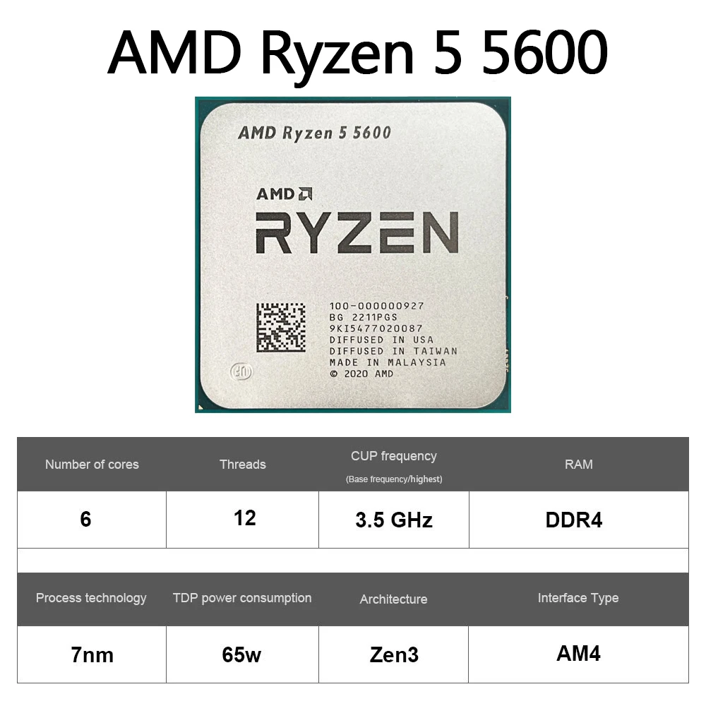 AMD Ryzen 5 5600 CPU AMD R5 5600 Processor 4.4GHz 6-Core 12-Thread 32MB Cache Socket AM4 Desktop PC Gaming CPU