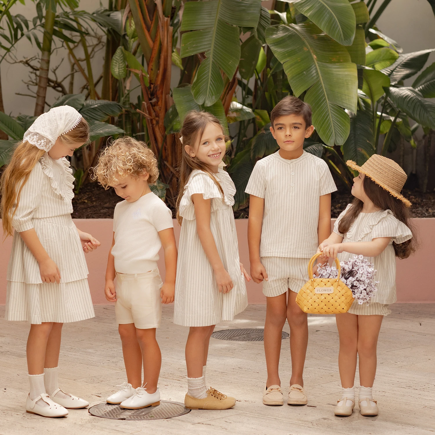 AP Santorini Stripe Collection SS26 Girls Ruffles Sleeve Dress Baby Kids Set V-neck Knit Top Brothers Sisters Family Matching