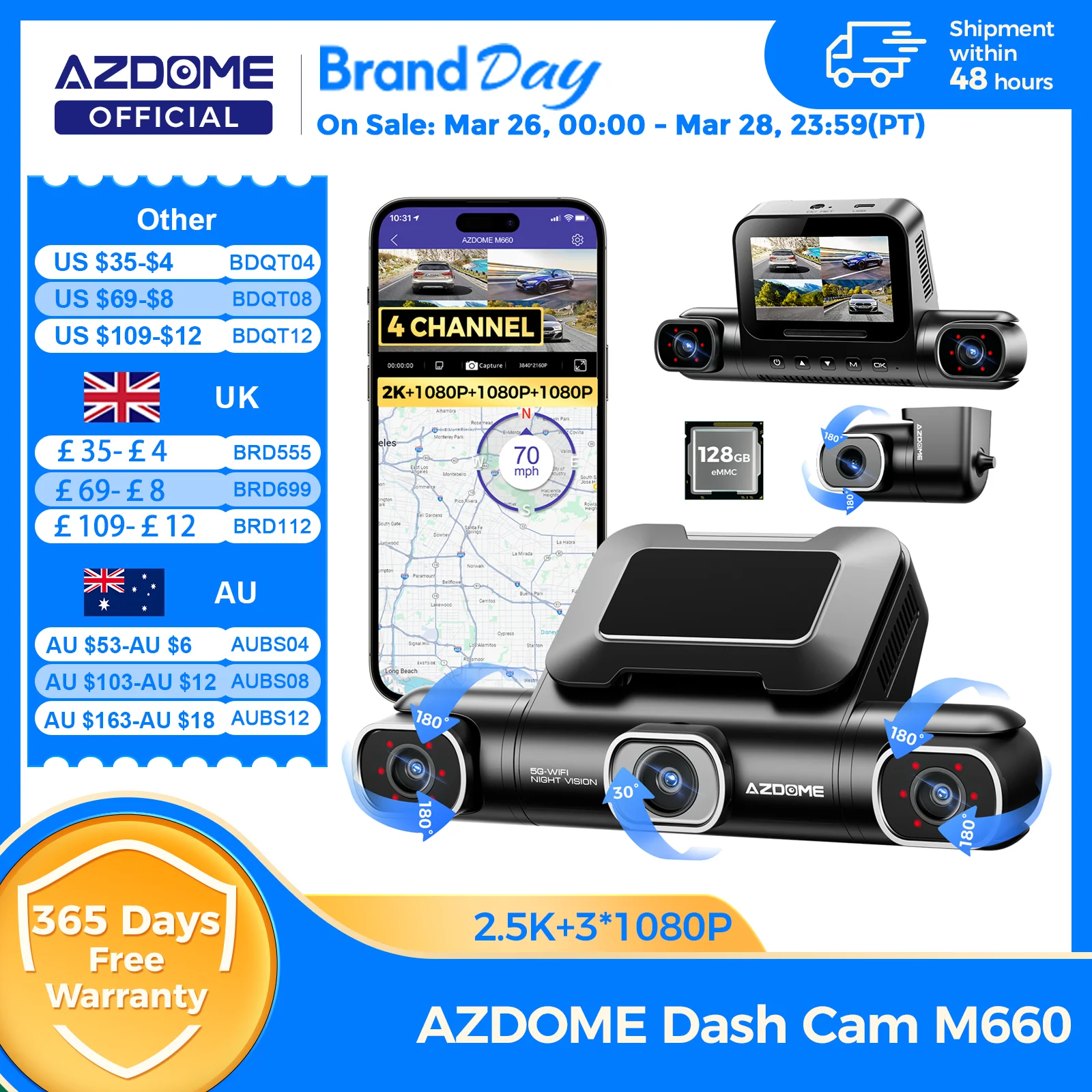 AZDOME Dash Cam M660 2.5K+3*1080P 4CH Car DVR GPS 5G Wifi Built-in 128GB eMMC Voice Control 24H Parking Monitor Super Night Visi