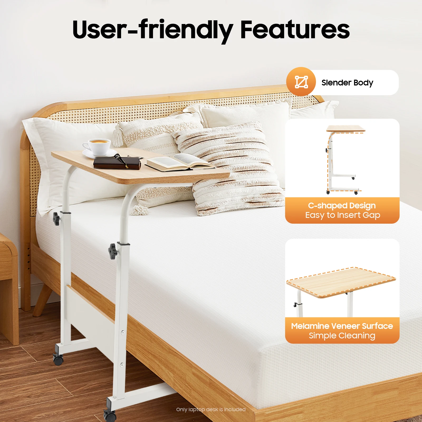 Adjustable Laptop Desk, Mobile Tabletop Stand with 4 Lockable Wheels, 15kg Load Rolling Study Table Computer Workstation