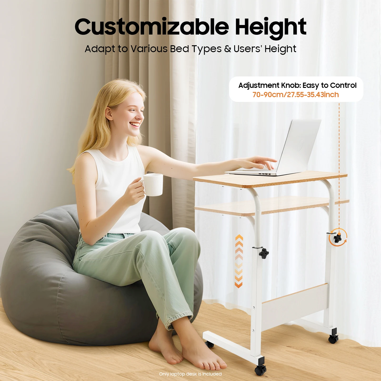 Adjustable Laptop Desk, Mobile Tabletop Stand with 4 Lockable Wheels, 15kg Load Rolling Study Table Computer Workstation