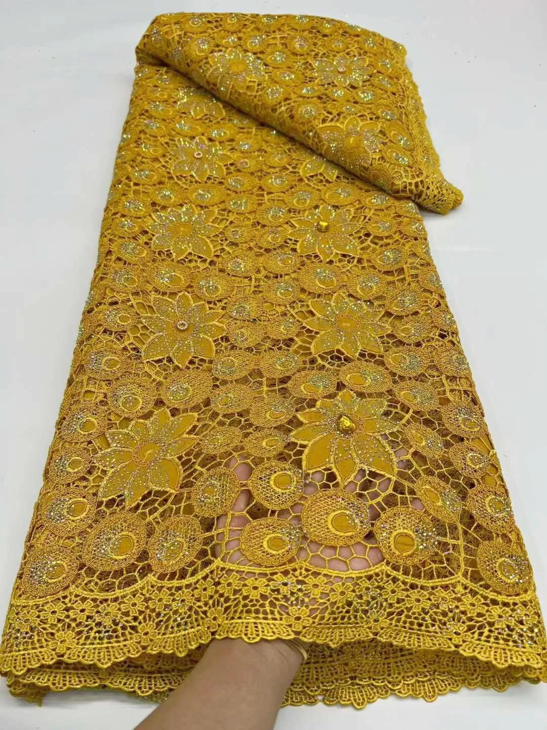 African Cord Lace Fabric 2026 High Quality Water Soluble Nigerian French Guipure Cord Lace With Sequins For Wedding Dress