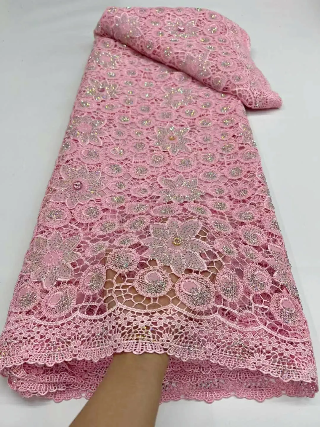 African Cord Lace Fabric 2026 High Quality Water Soluble Nigerian French Guipure Cord Lace With Sequins For Wedding Dress