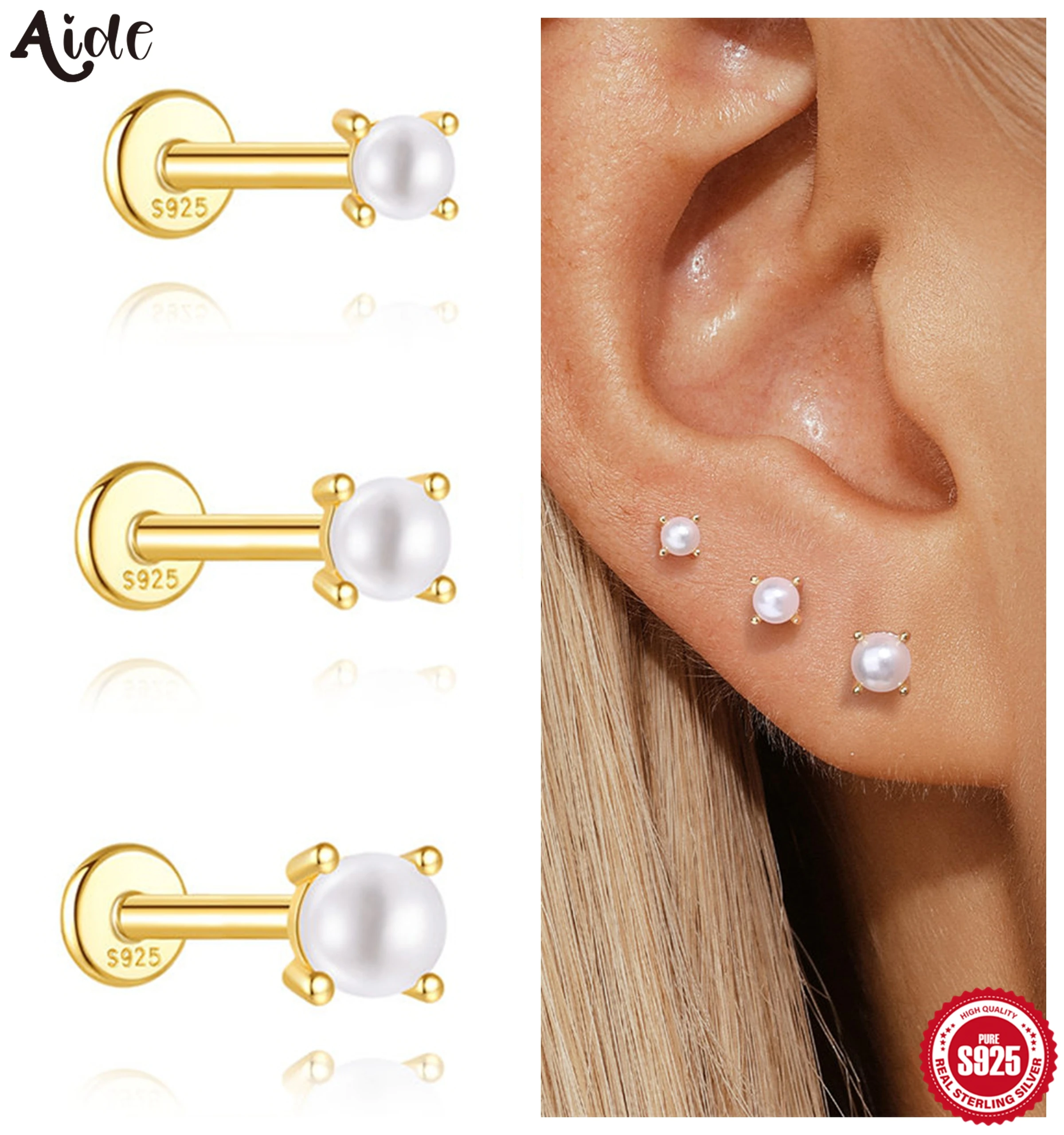 Aide Minimalism 2-3-4mm Pearl Ear Stud Stud Earrings 925 Silver Round Natural Pearl Ear Bone Flat Piercing Stud Fine Jewelry 1pc