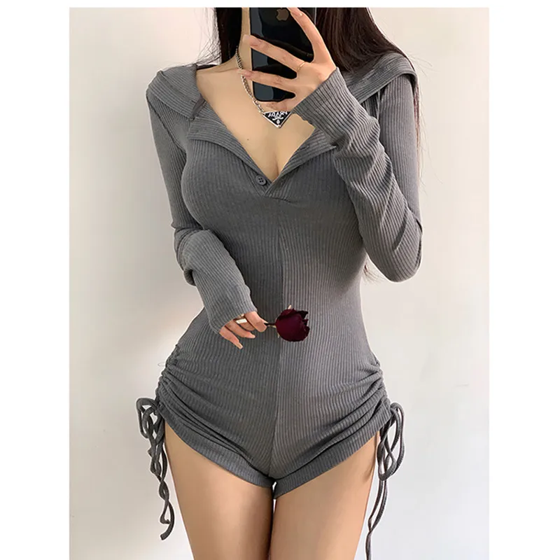 American Style Simple Versatile Slimming Long Sleeve Hooded Jumpsuit Shorts with Belt Side Gathered Elegant Unique Design