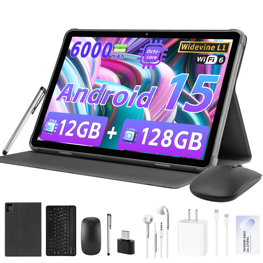 Android 15 Tablet, 2025 10.1inch Android Tablets with Keyboard, 12GB+128GB+1TB Expand, Support 18W Fast Charging 8-Core 6000mAh