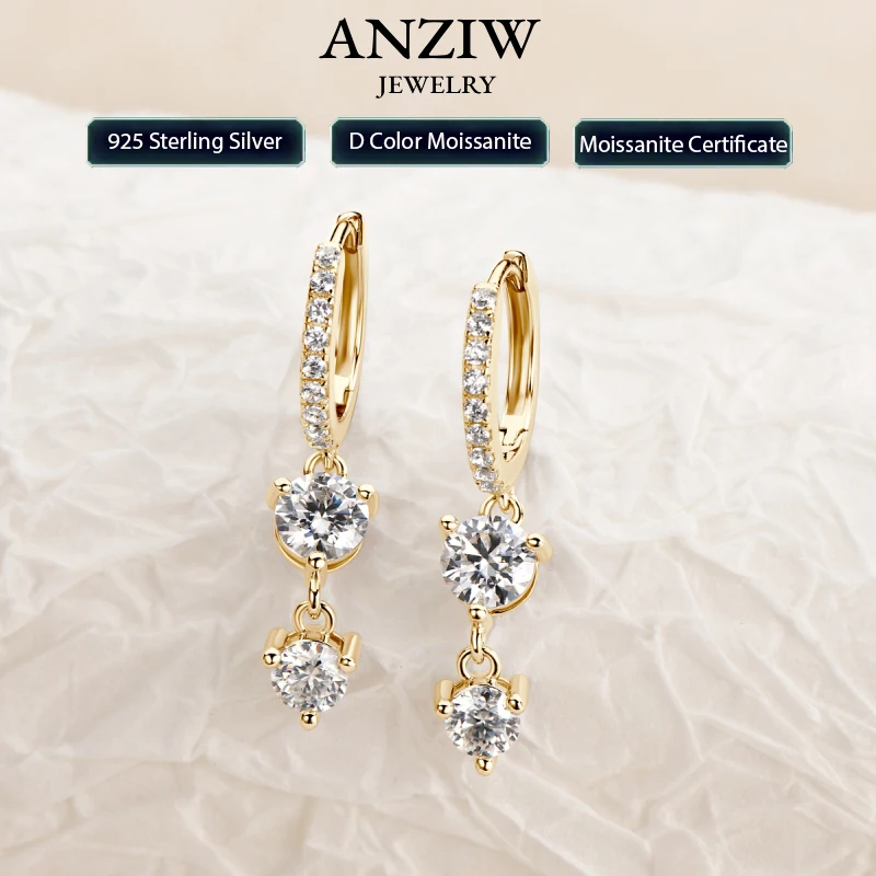 Anziw 4mm 5mm Round Moissanite Long Tassel Earrings 100% 925 Sterling Silver Women's Hoop Dangle Earrings Wedding Jewelry Gifts