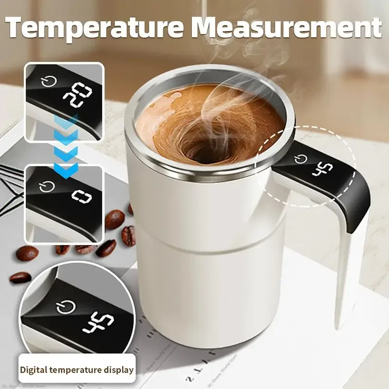 Automatic Stirring Mug with LED Temperature Display, Rechargeable Magnetic Coffee Cup with Lid - 12oz for Home or Office.