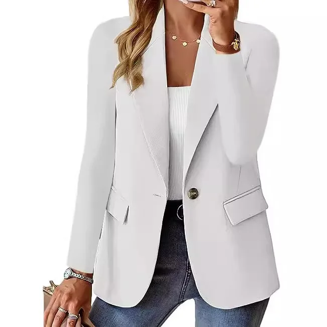 Autumn New Women's Blazers Long Sleeve Solid Color Simple Button Pocket White Office Commuter Coat for Women