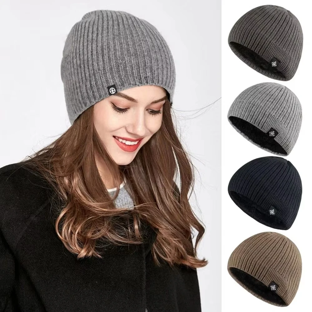 Autumn Winter Unisex Fleece Lined Knitted Beanie Loose Warm Ear Protection Thick Woolen Hat Windproof Outdoor Ski Hiking Hat