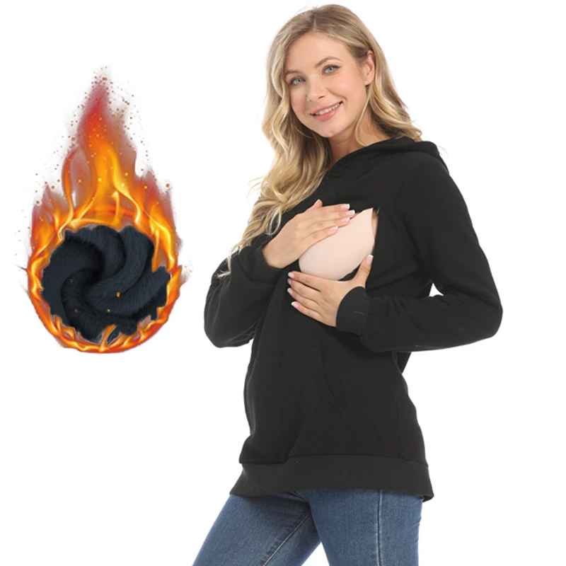 Autumn Winter Warm Fleece Maternity Hoodie Big Size S-3XL Loose Zipper Feeding Breastfeeding Sweater
